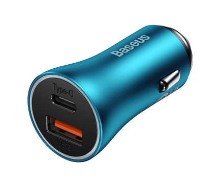 Car Charger Baseus Golden Contactor Max, 60W, 3A, 1 x USB-A - 1 x USB-C, Blue CGJM000103