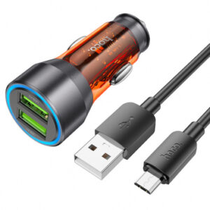Car Charger Hoco NZ12, 36W, 3A, 2 x USB-A, with microUSB Cable, Orange