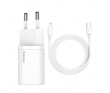 Wall Charger Baseus Super Si, 20W, 3A, 1 x USB-C, with Lightning Cable, White TZCCSUP-B02