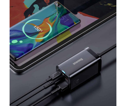 Wall Charger Baseus GaN3 Pro, 65W, 3A, 2 x USB-A - 2 x USB-C, with USB-C Cable, Black - immagine 6
