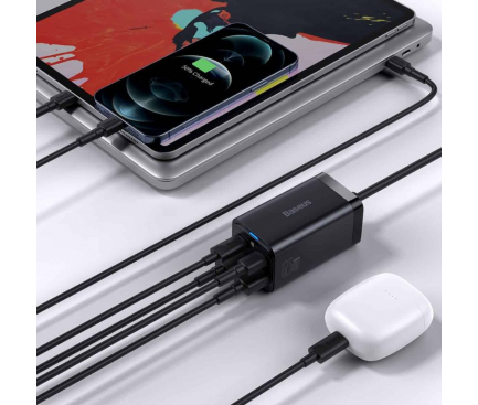 Wall Charger Baseus GaN3 Pro, 65W, 3A, 2 x USB-A - 2 x USB-C, with USB-C Cable, Black - immagine 7