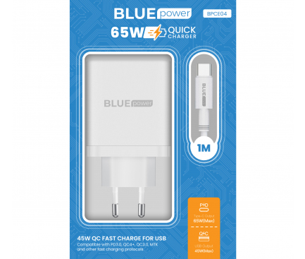 Wall Charger Blue Power BPCE04, 65W, 3.25A, 1 x USB-A - 2 x USB-C, with USB-C Cable, White