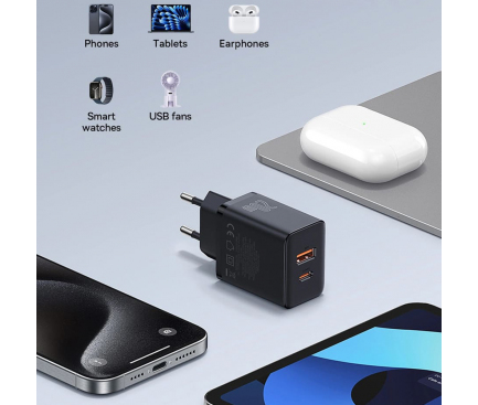 Wall Charger Baseus Cube, 20W, 3A, 1 x USB-A - 1 x USB-C, Black P10111403113-00 - immagine 4