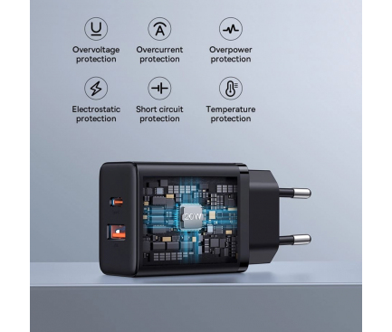 Wall Charger Baseus Cube, 20W, 3A, 1 x USB-A - 1 x USB-C, Black P10111403113-00 - immagine 6