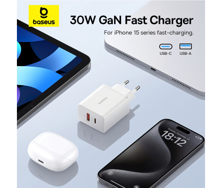 Wall Charger Baseus Cube, 30W, 2.4A, 1 x USB-A - 1 x USB-C, White P10111404213-00 - immagine 7