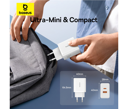 Wall Charger Baseus Cube, 30W, 2.4A, 1 x USB-A - 1 x USB-C, White P10111404213-00 - immagine 6