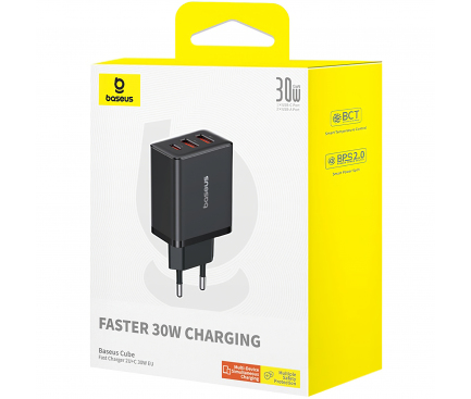 Wall Charger Baseus Cube, 30W, 3A, 1 x USB-C - 2 x USB-A, Black P10111402113-00 - immagine 6